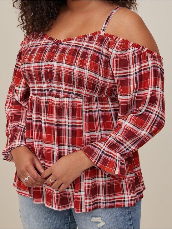 torrid Tops - Torrid Babydoll Crinkle Gauze Plaid Smocked Cold Shoulder Top Lumberjack Vibes